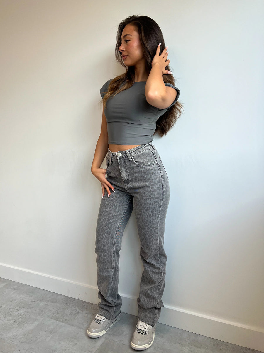 VOGUE™ - Grijze stretchjeans met luipaardprint