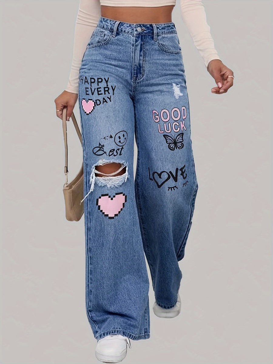 VOGUE™ - Wijde jeans met hartjesgraffiti, scheuren en hoge taille
