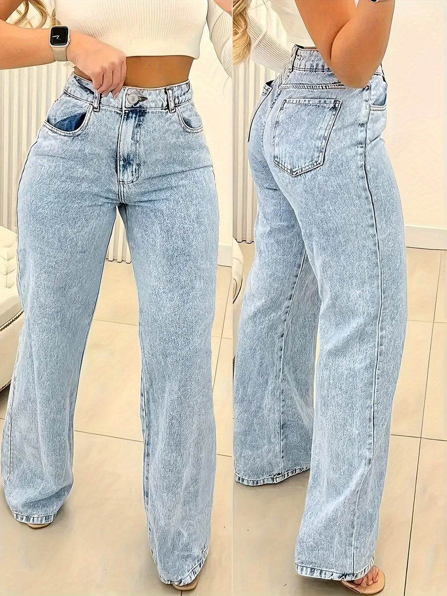 VOGUE™ - Blauwe damesjeans met hoge taille en losse pasvorm